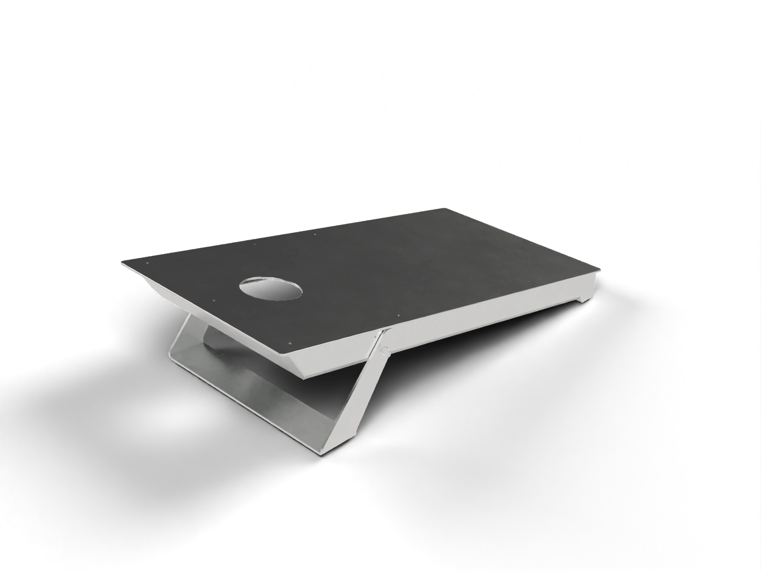 GFCB transportable aluminum cornhole board in raw aluminum with its folding support deployed