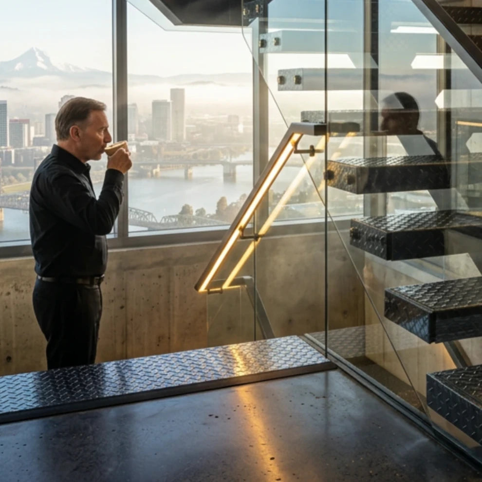 Matte-black DiaTread mono-stringer staircase overlooking Portland with a man drinking coffee