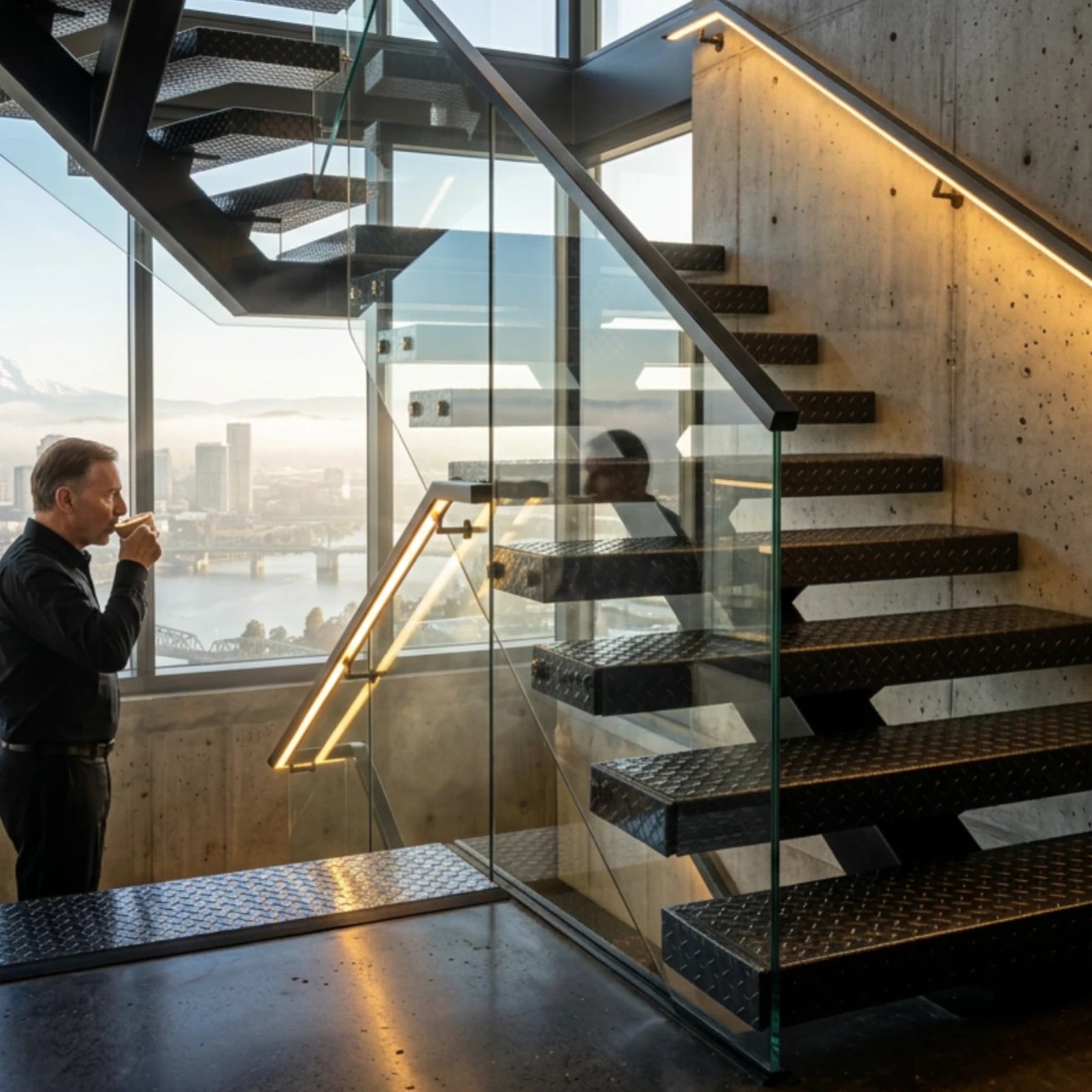 Matte-black DiaTread mono-stringer staircase overlooking Portland with a man drinking coffee