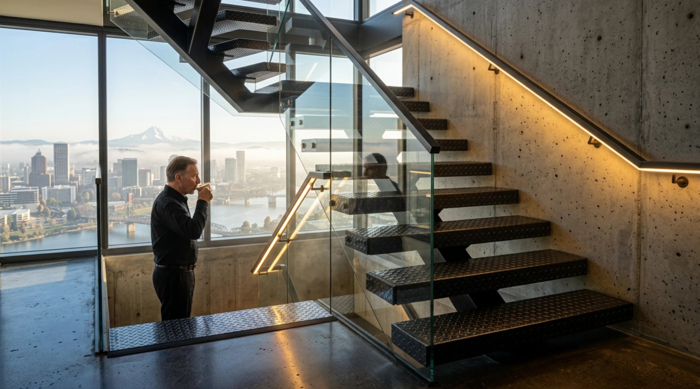 Matte-black DiaTread mono-stringer staircase overlooking Portland with a man drinking coffee
