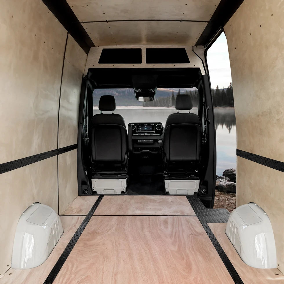 Virtus Vans Mercedes Sprinter Base Camp Build viewed from the rear interior