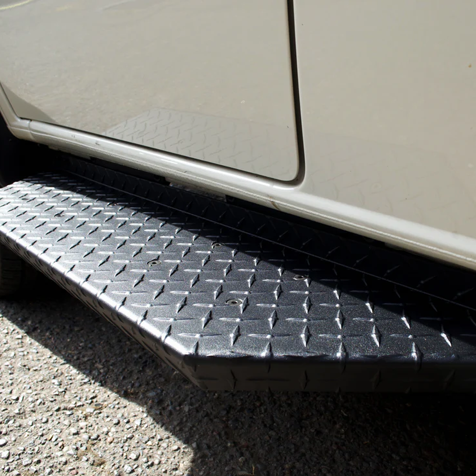 Black Diamond Plate Side Step installed on a Mercedes Sprinter van
