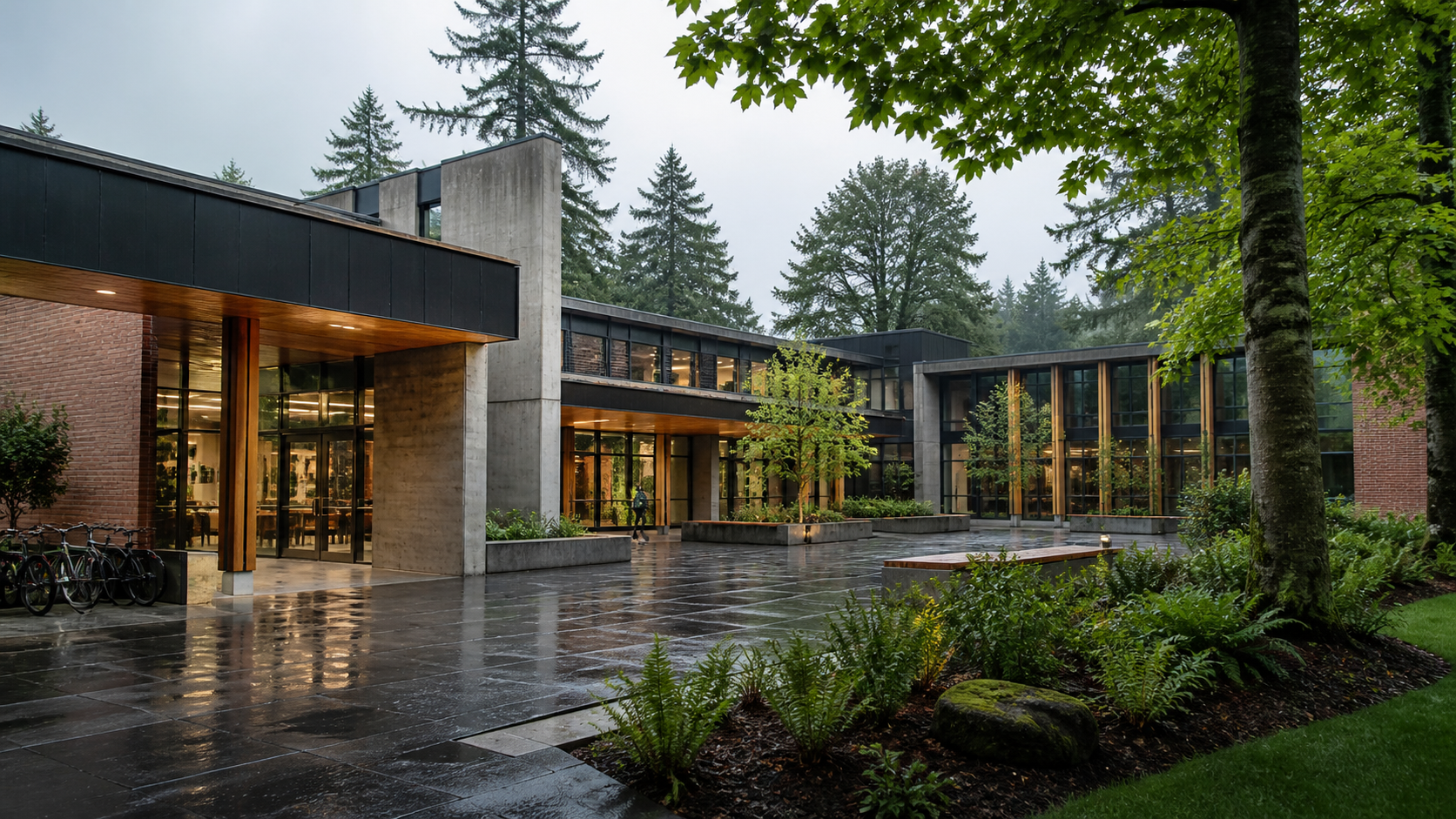 Modular academic building and rain garden surrounding a university courtyard in Eugene, Oregon