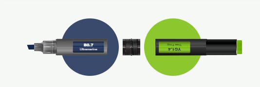 Blue and green OLO marker halves with a connector, ready to build a custom pair