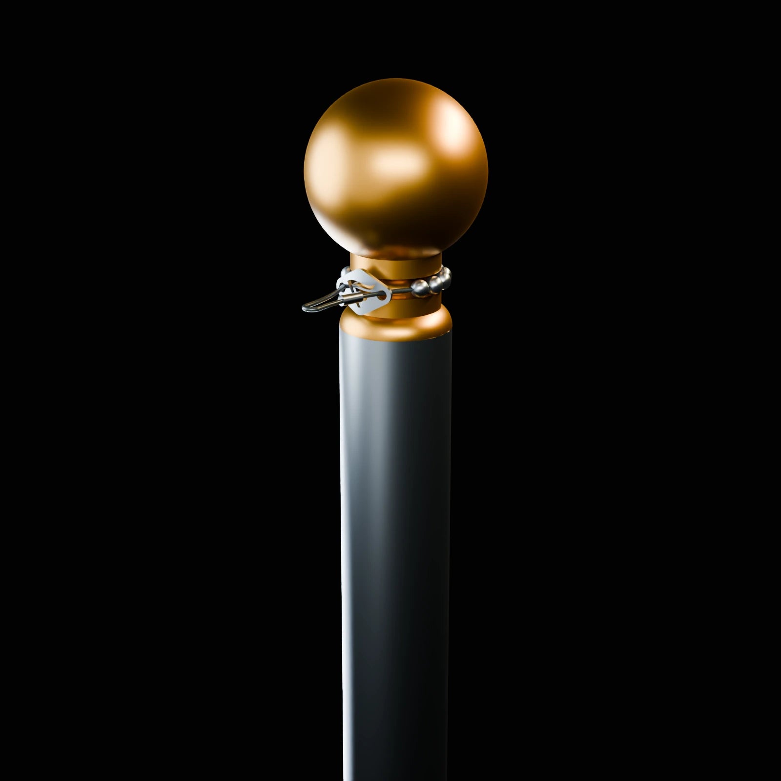 Three-quarter detail of the EXT flagpole polished brass ball finial, retaining hardware, and brushed stainless top stage