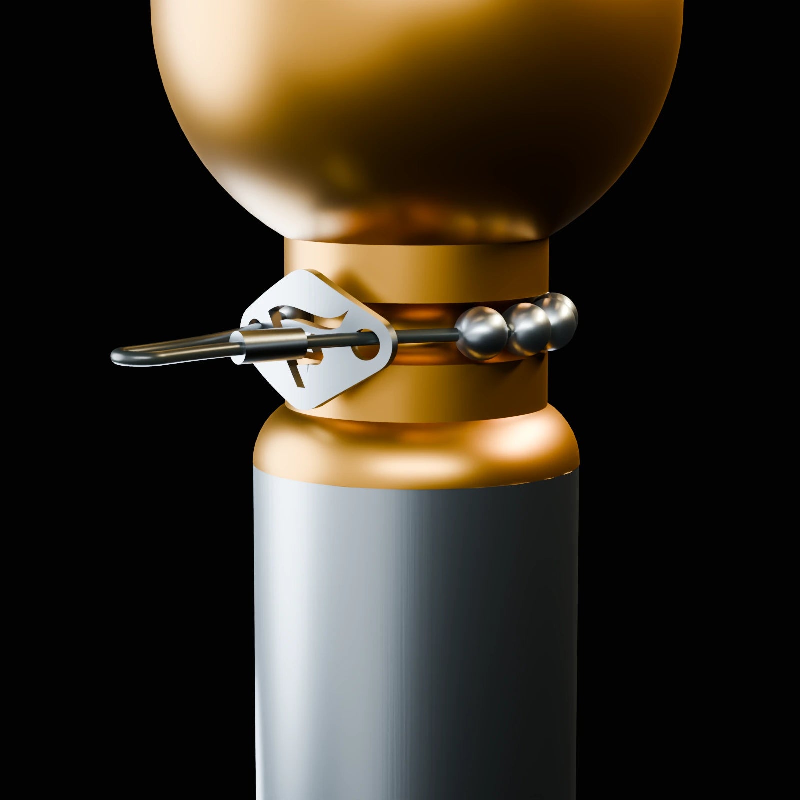 Close material detail of the polished brass EXT flagpole finial and brushed stainless top stage