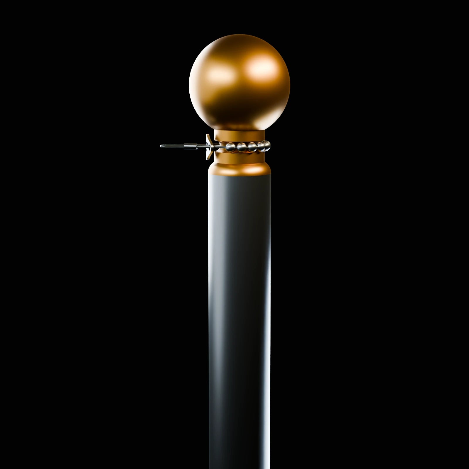 Profile detail of the EXT flagpole finial collar, retaining pin, lanyard, and brushed stainless top stage