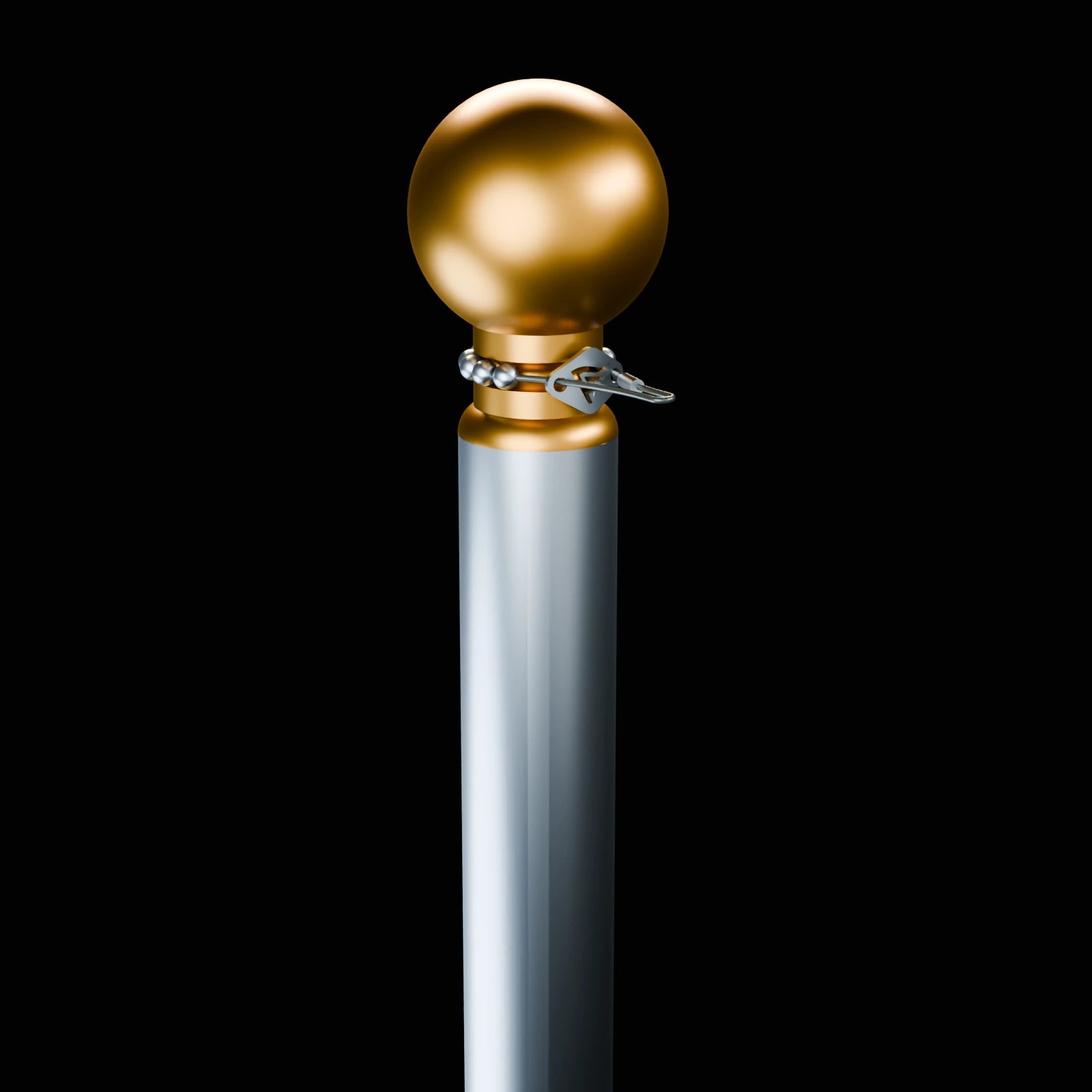 Reverse detail of the EXT flagpole retaining pin and lanyard beneath the polished brass ball finial