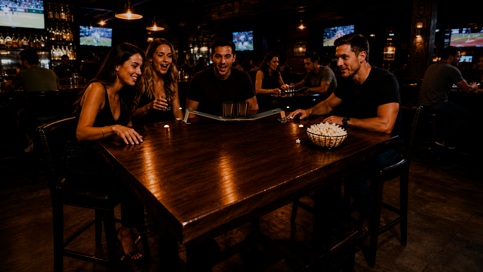POP! Cornhole in brushed stainless steel set between four players on a sports bar table