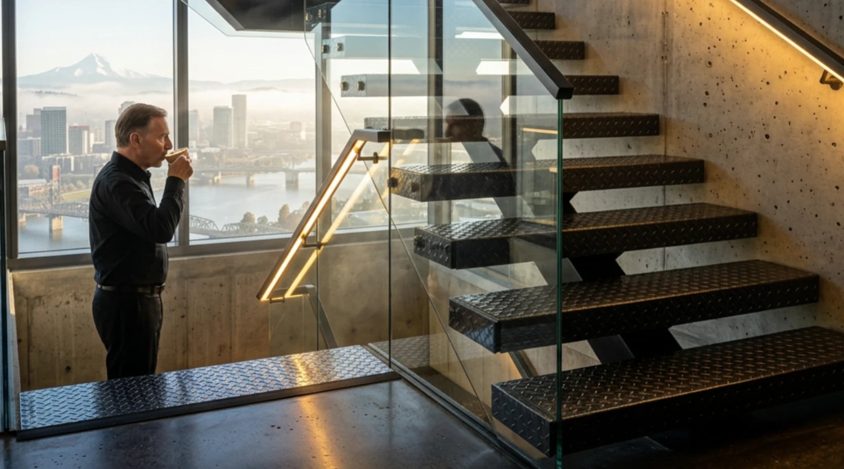 Matte-black DiaTread mono-stringer staircase with integrated lighting and Portland background