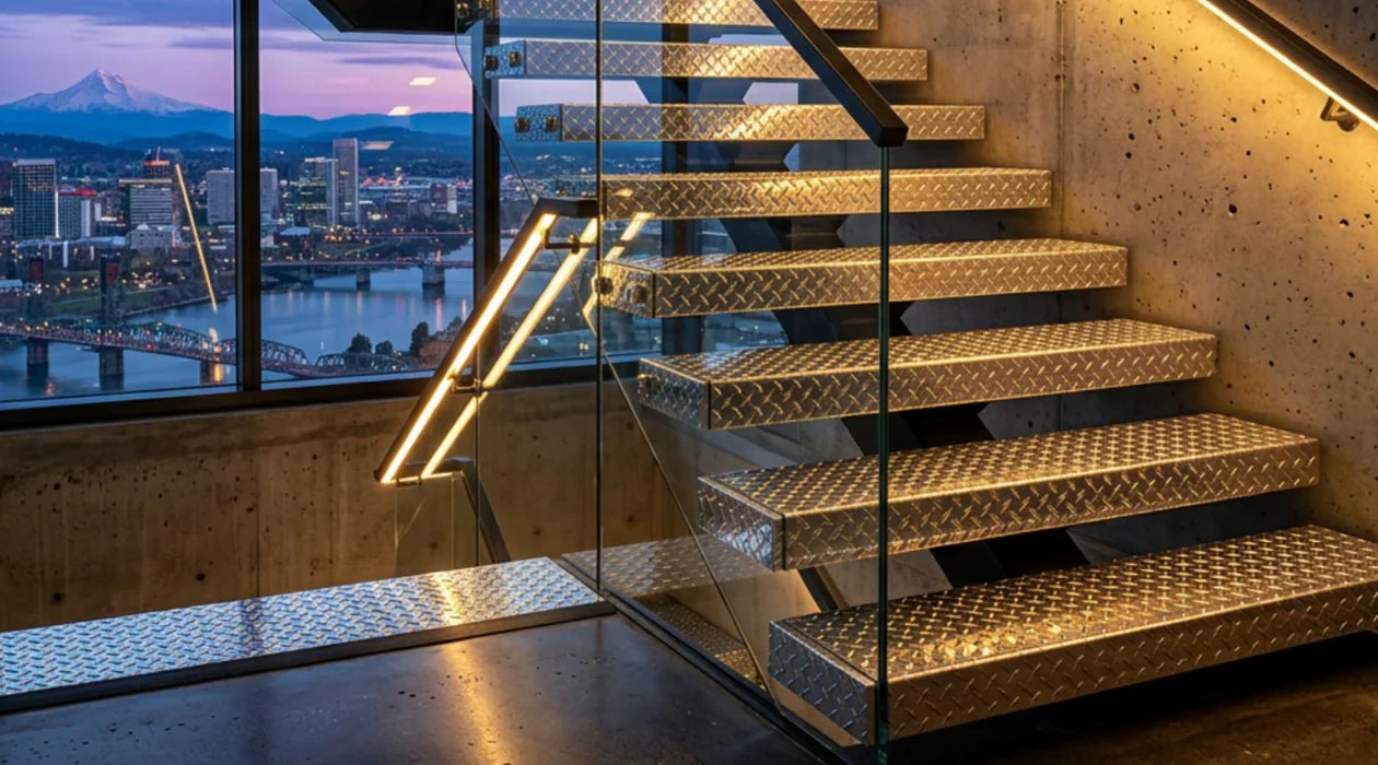 Polished treadbrite aluminum DiaTread mono-stringer staircase
