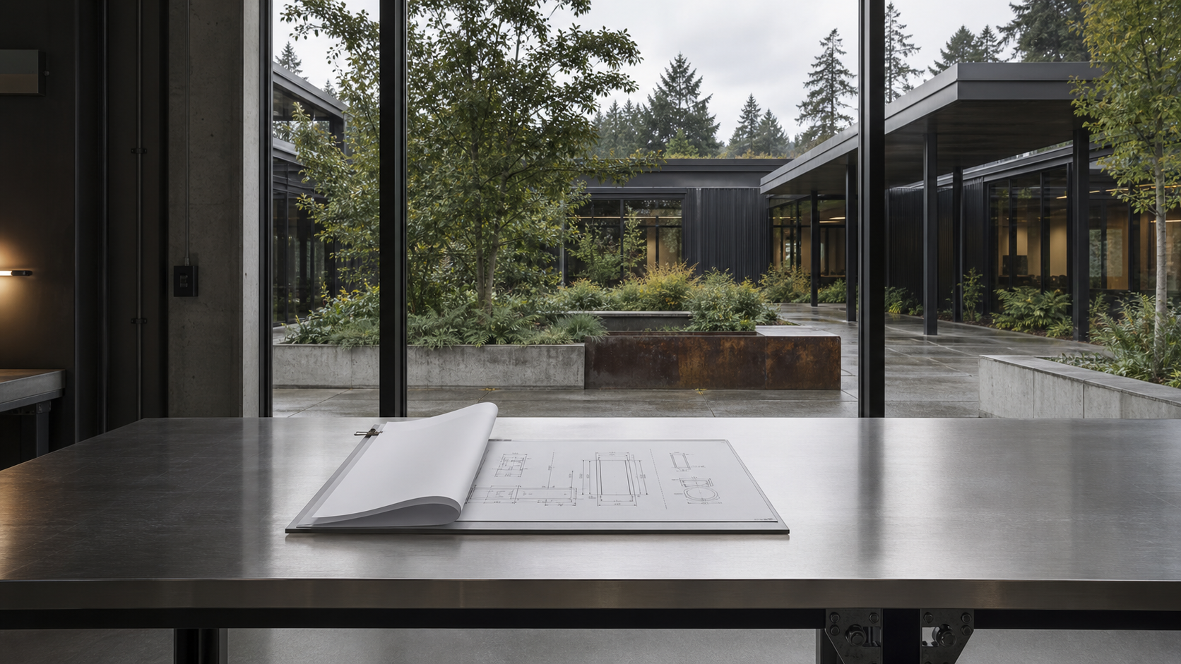 Approved engineering drawing set on a number four brushed stainless workbench overlooking a landscaped technology campus courtyard