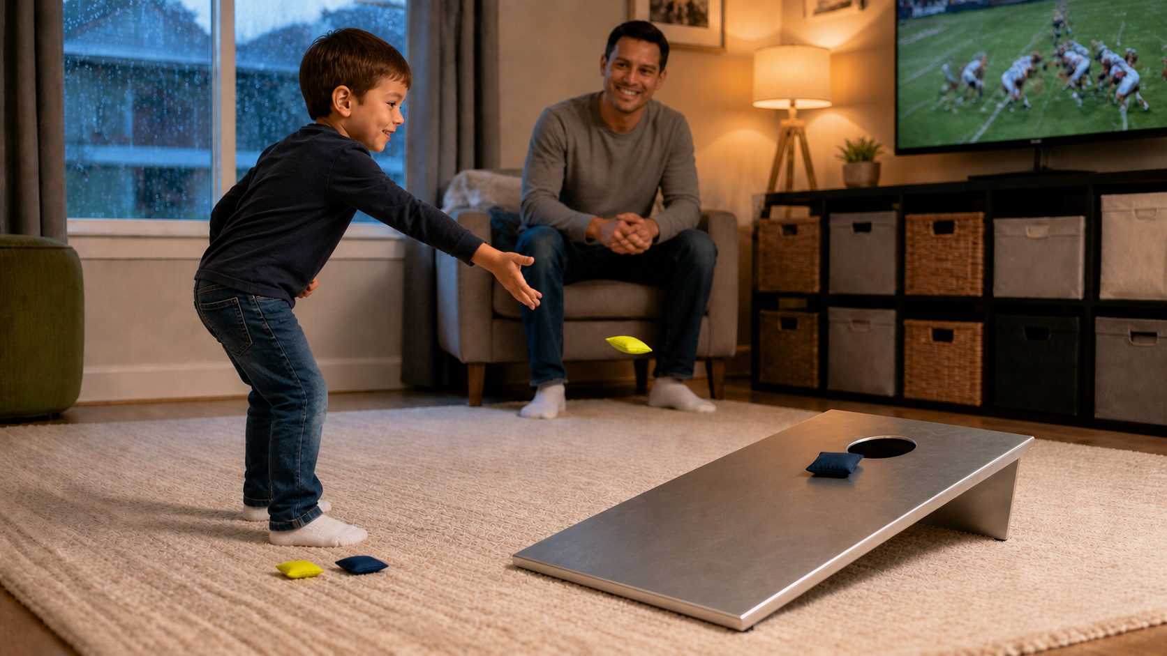 Young child practicing a short indoor MINI Cornhole toss while a parent watches