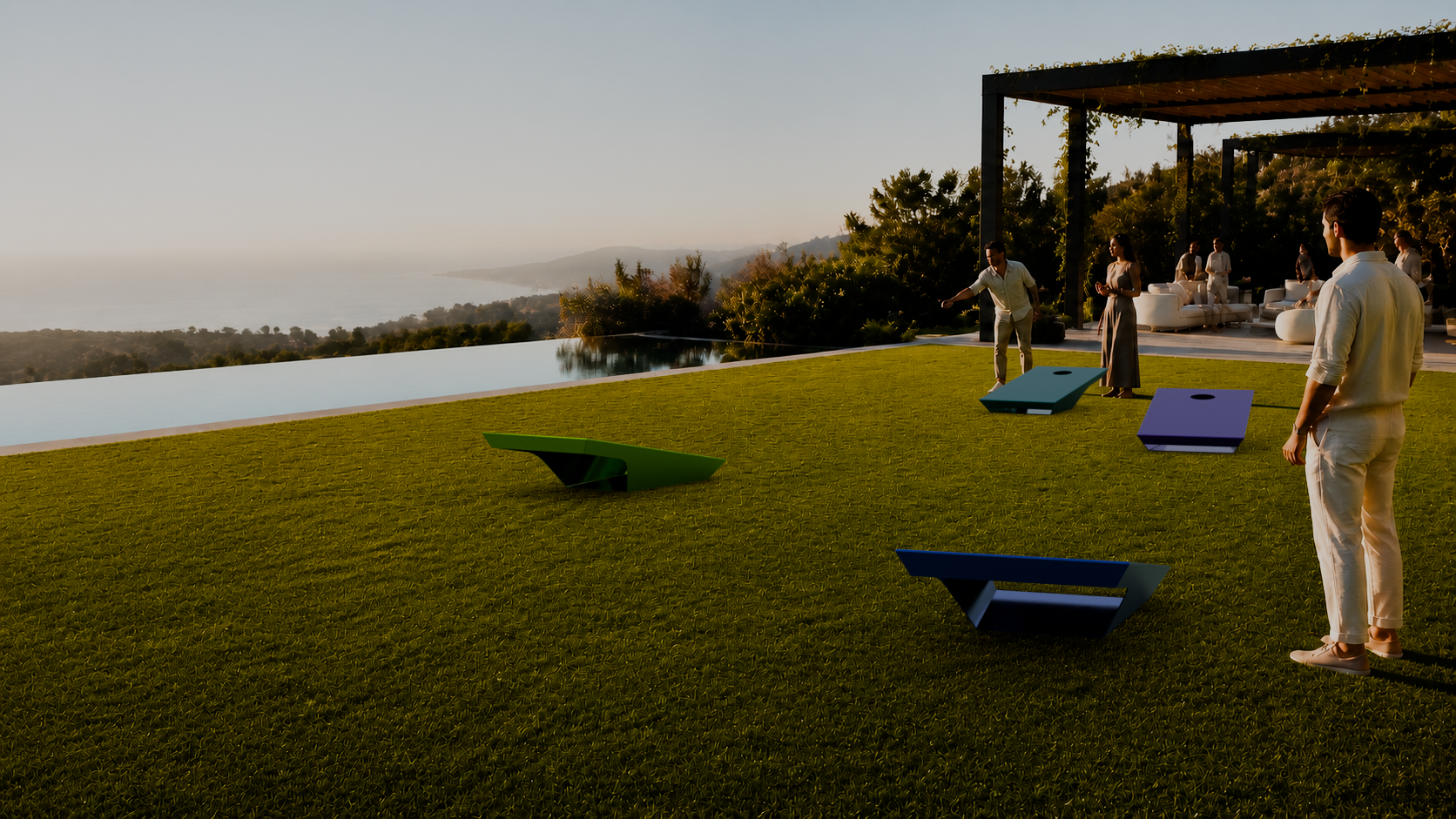 Gameday cornhole courts arranged for play beside an outdoor pool
